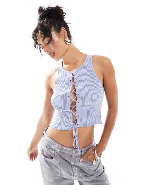 Mango tie front sleeveless top in light blue - view 1