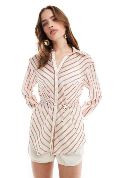 Mango tie front stripe shirt in light brown - view 1