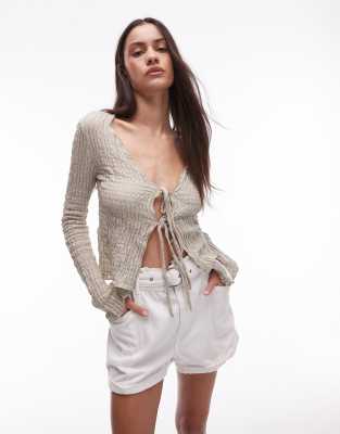 Mango Tie Front Textured Fluted Sleeve Top In Neutral