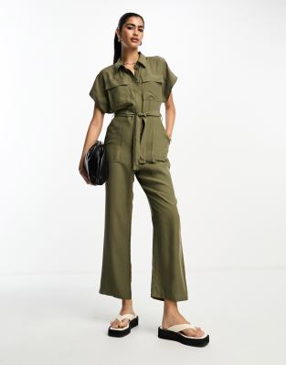 Mango tie front utility jumpsuit in khaki