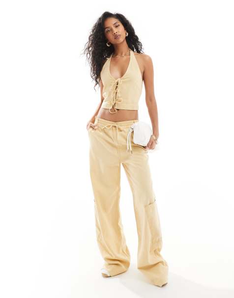 Mango tie front waistcoat and tie waist straight leg trouser co-ord in tan - view 1