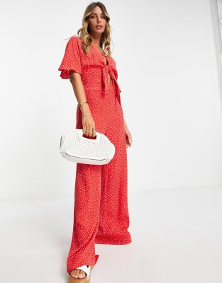 Mango tie front wide leg jumpsuit in red polka dot - view 1