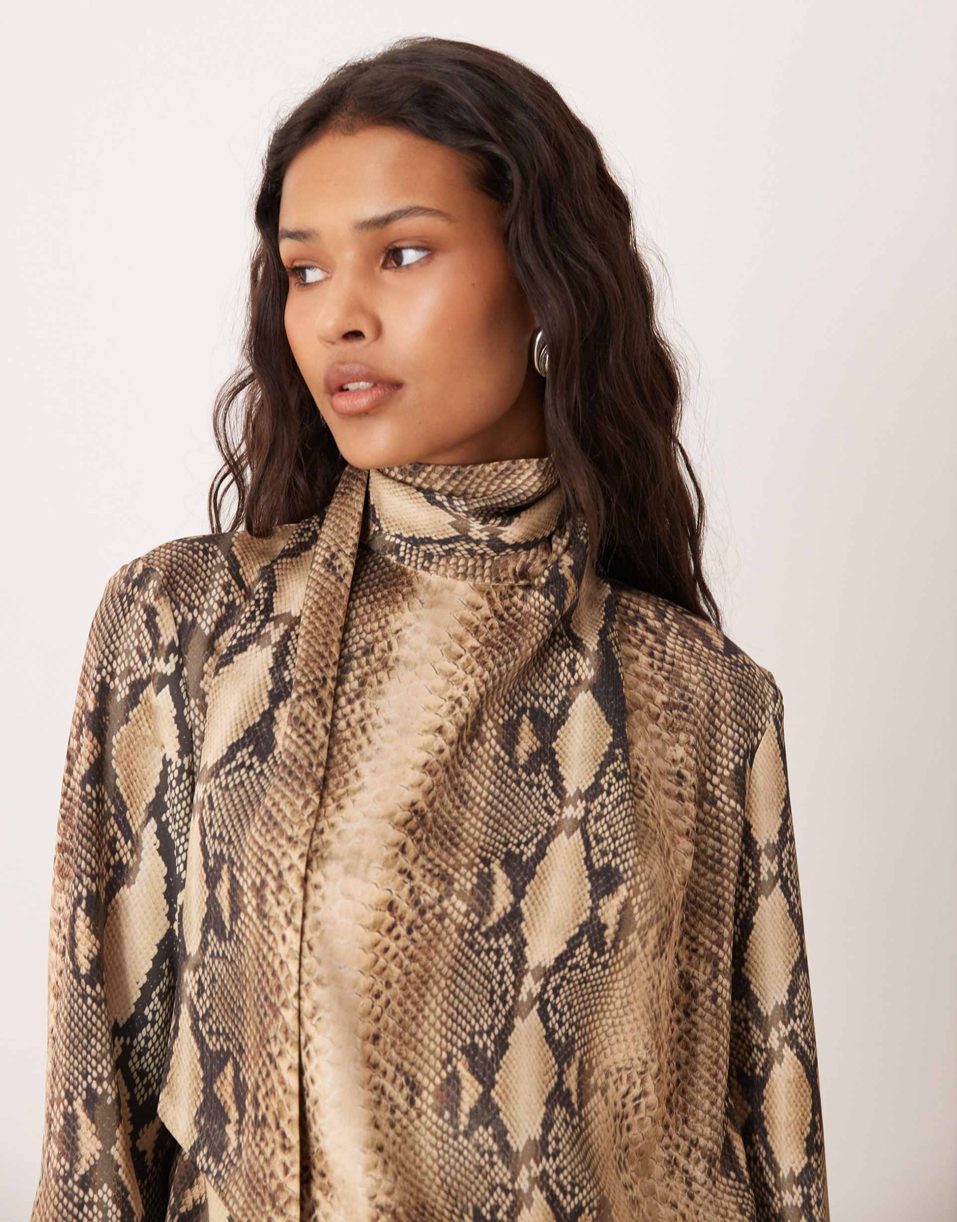 mango tie neck blouse in snake print