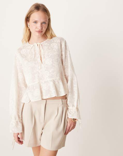Mango tie neck embroidered long sleeve top in beige - view 1