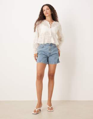 Mango Tie Neck Embroidered Long Sleeve Top In Neutral