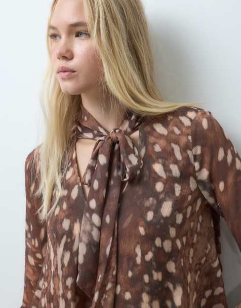 Mango tie neck long flared sleeve blouse in deer print - view 1