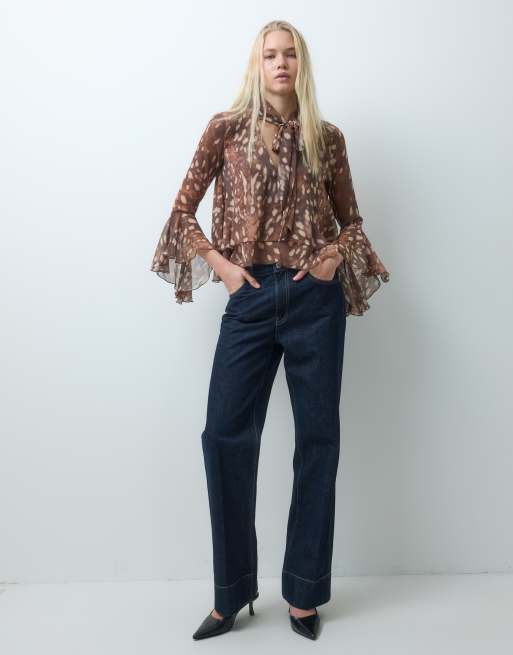 Mango tie neck long flared sleeve blouse in deer print, 2 of 4