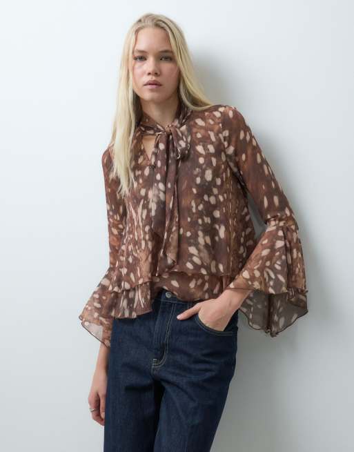 Mango tie neck long flared sleeve blouse in deer print, 3 of 4