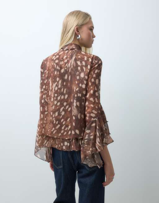 Mango tie neck long flared sleeve blouse in deer print, 4 of 4