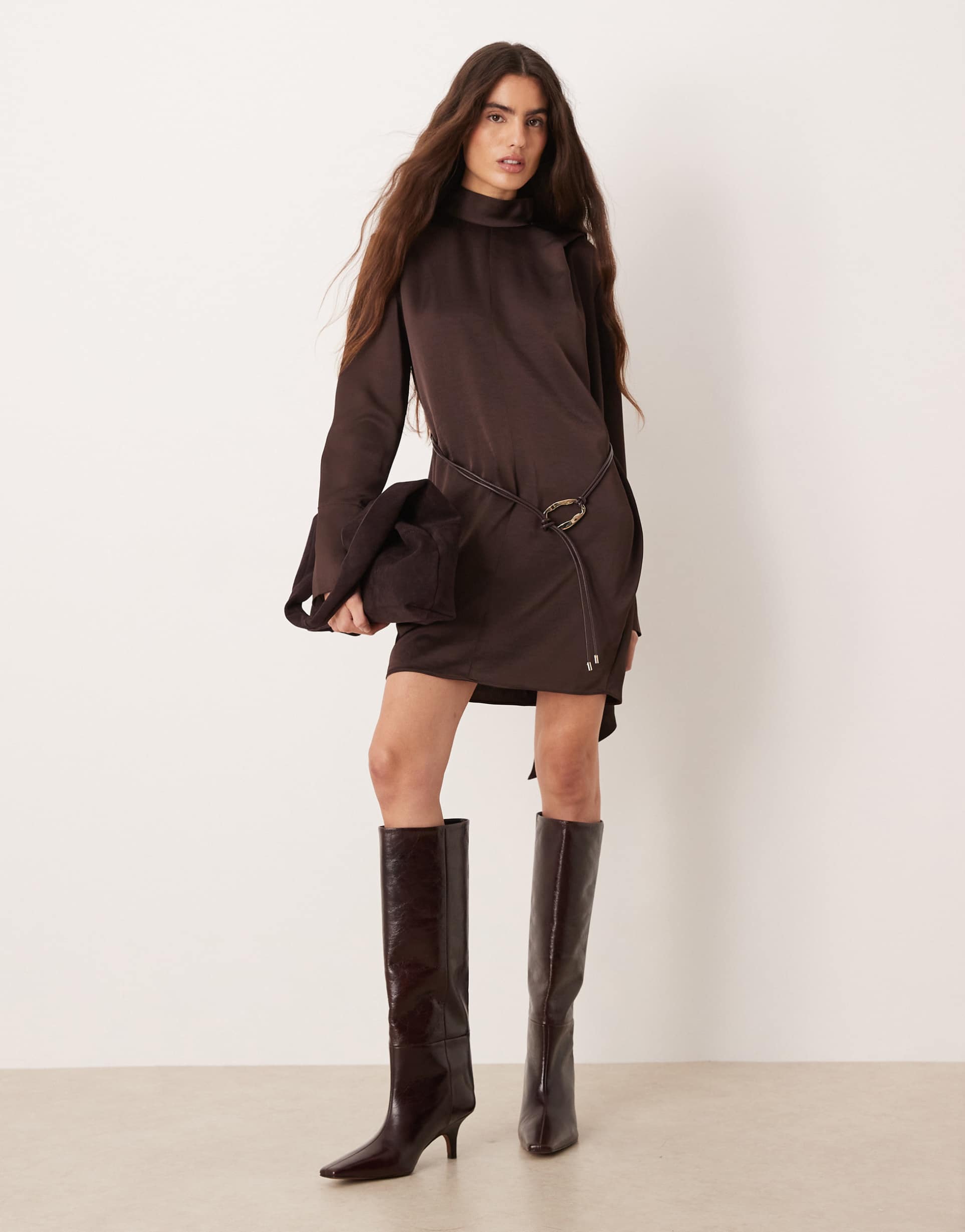 mango tie neck long sleeve mini dress in chocolate
