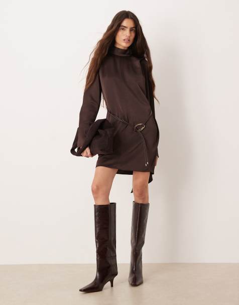 Mango tie neck long sleeve mini dress in chocolate