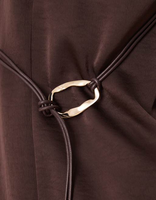 Mango tie neck long sleeve mini dress in chocolate, 4 of 4
