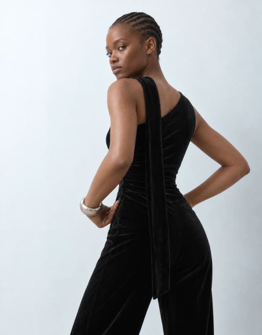 Mango tie neck one shoulder velvet jumpsuit in black , 6 of 10
