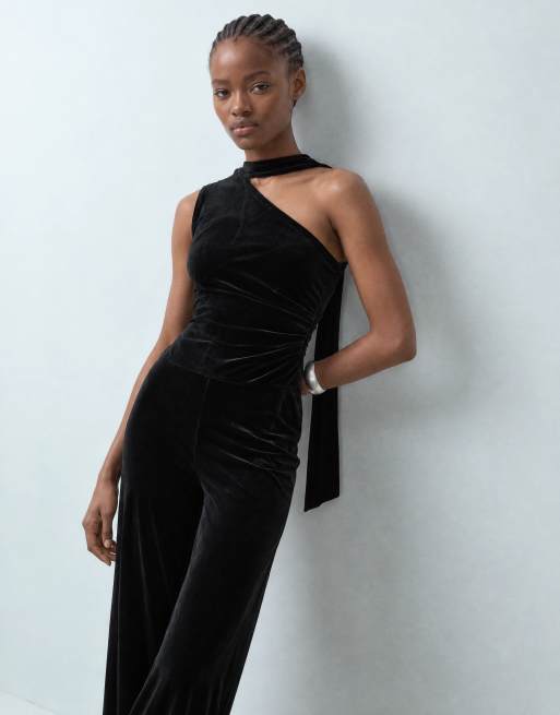 Mango tie neck one shoulder velvet jumpsuit in black , 7 of 10