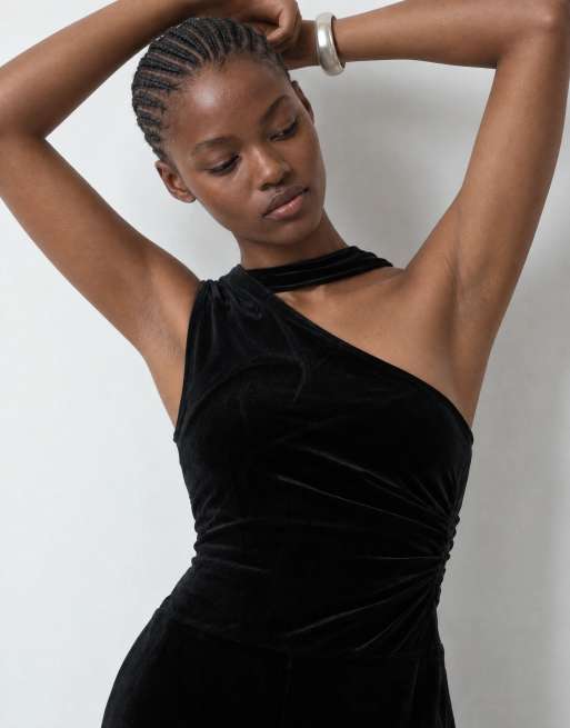 Mango tie neck one shoulder velvet jumpsuit in black , 8 of 10