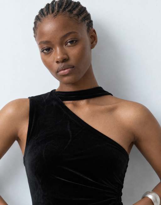 Mango tie neck one shoulder velvet jumpsuit in black , 9 of 10