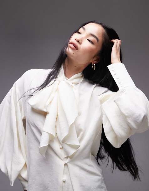 Mango tie neck woven blouse in white - view 1