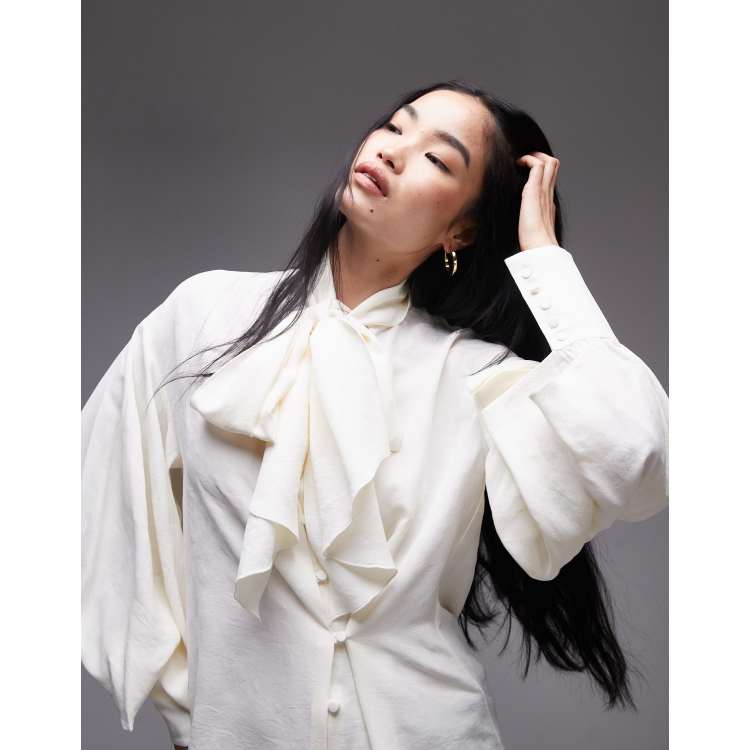 Mango tie neck woven blouse in white | ASOS