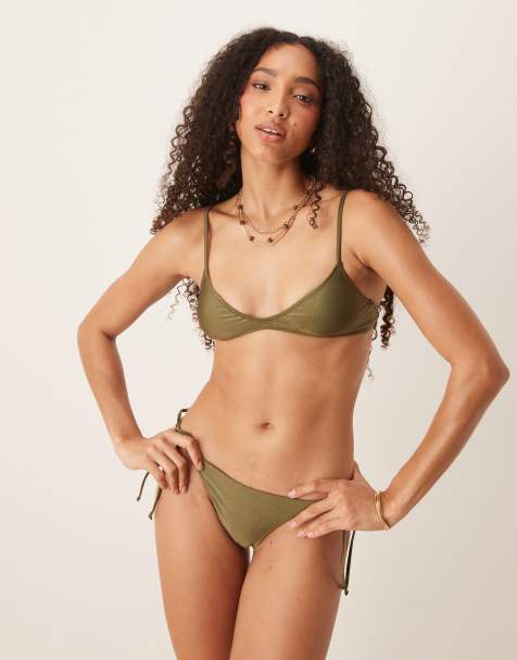 Mango tie side bikini bottom in olive green - view 1