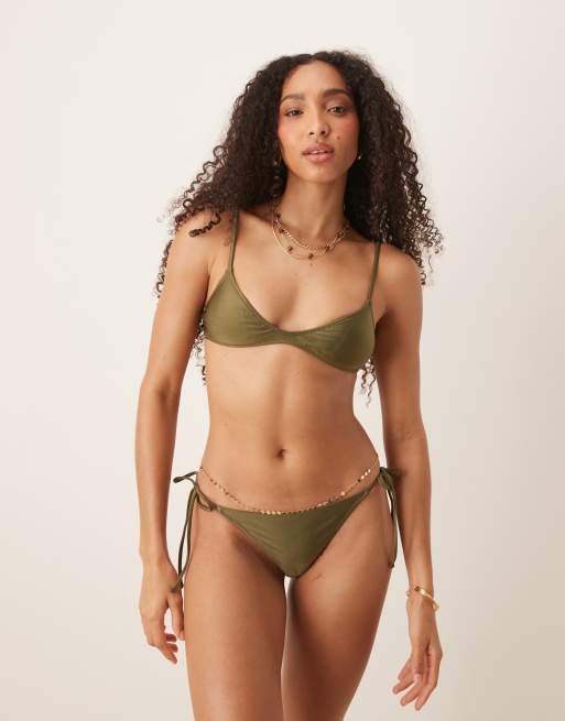 Mango tie side bikini bottom in olive green, 3 of 4