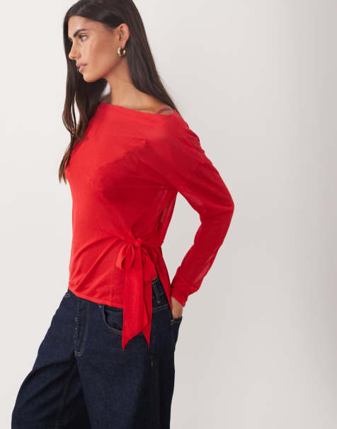Mango tie side knitted top in red - view 1