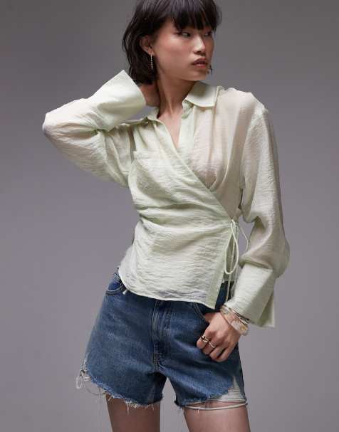 Mango tie side wrap round shirt in sage - view 1