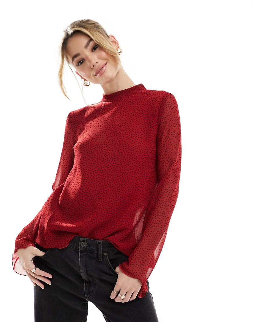 Mango tie sleeve high neck spot blouse in red