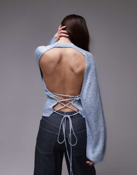 Mango tie up open back jumper in grey - view 1