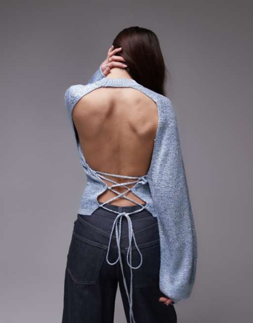 Mango tie up open back sweater in gray