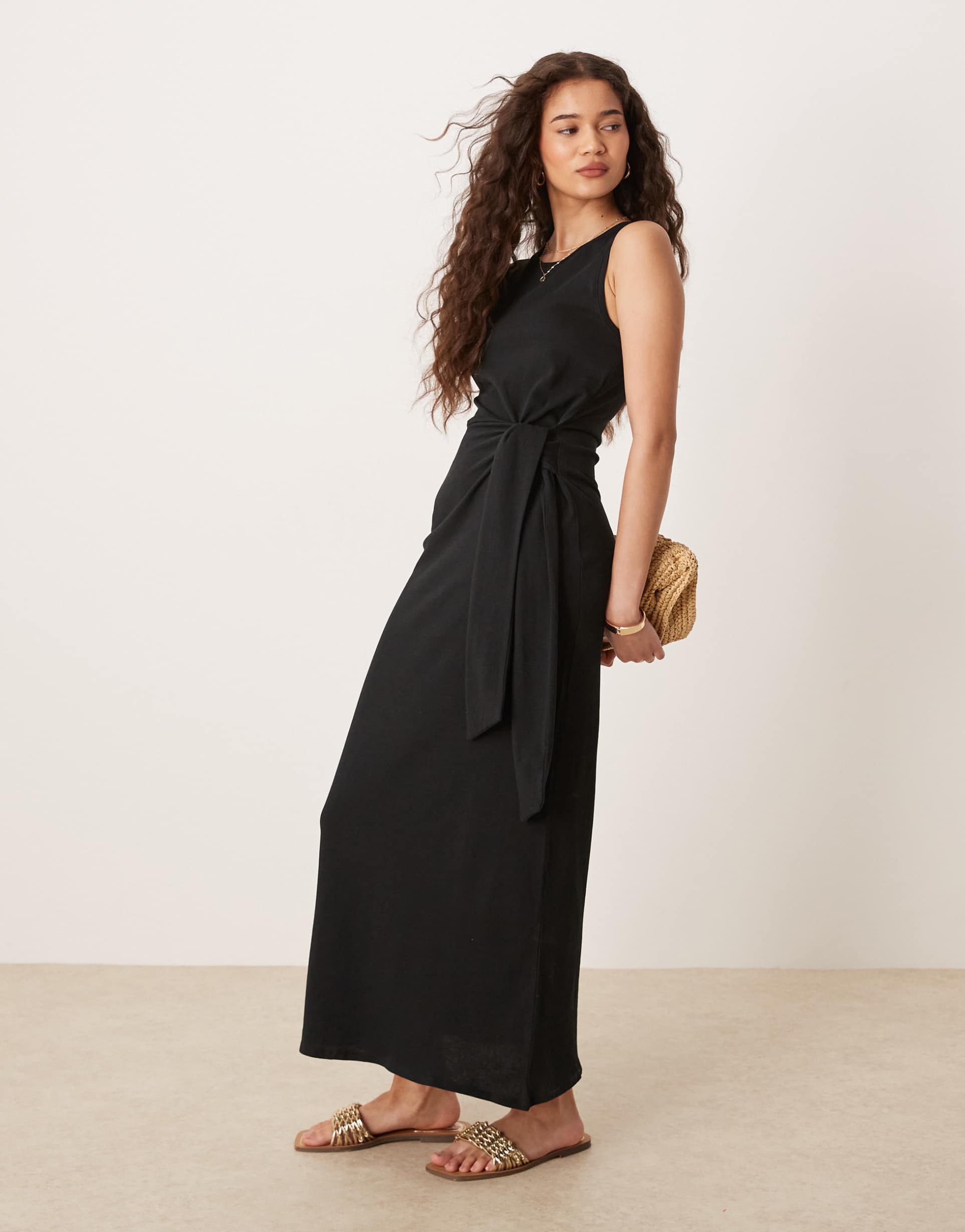 mango tie waist detail midaxi dress in black