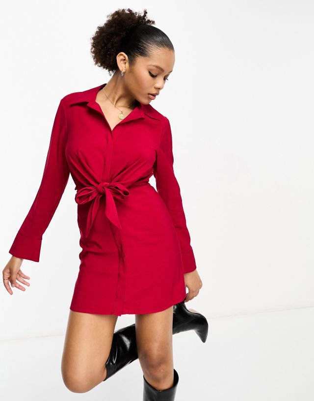 Mango - tie waist dress in red