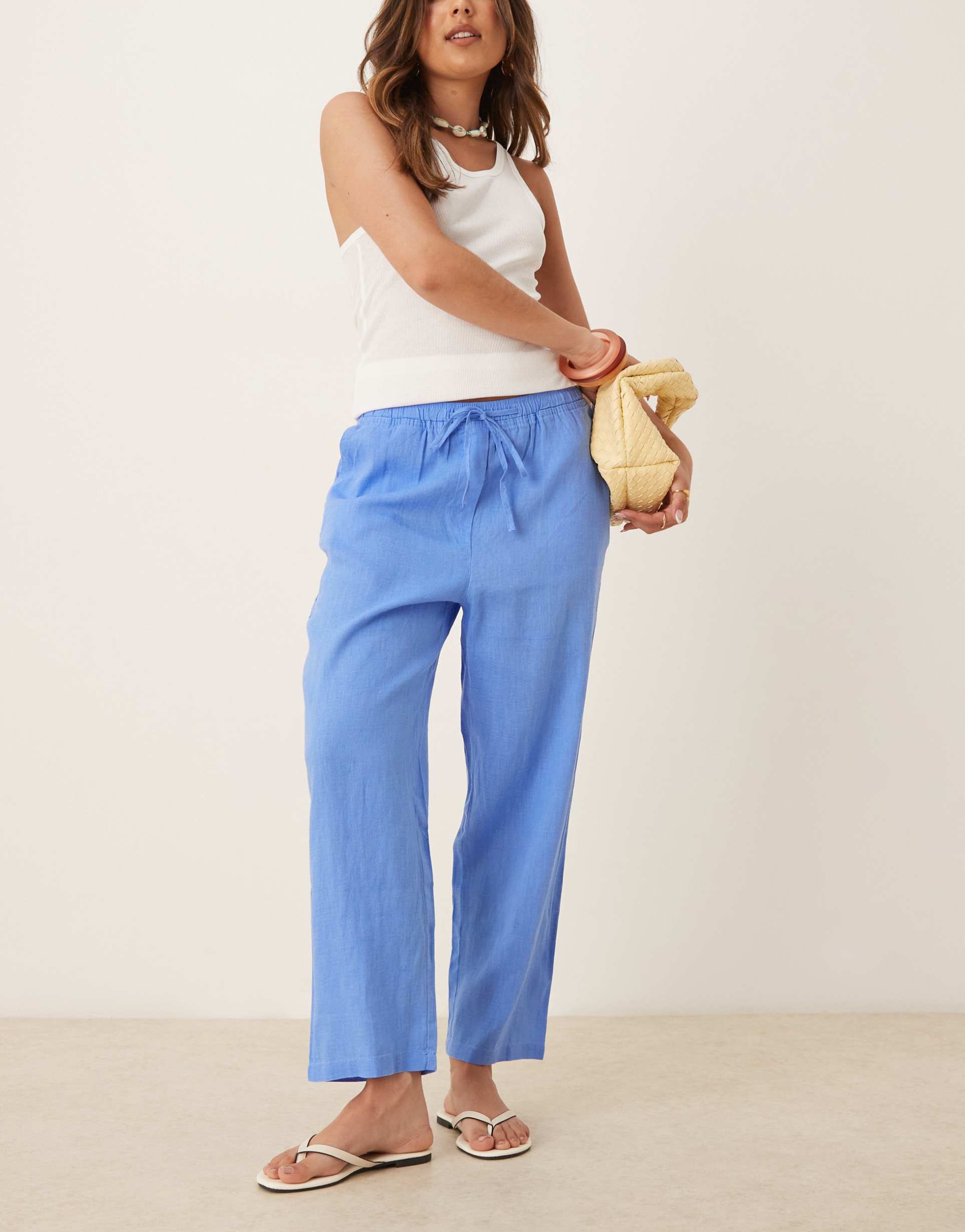 mango tie waist linen pants in light blue
