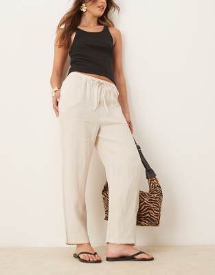 Mango Mango tie waist linen trousers in light beige-Neutral