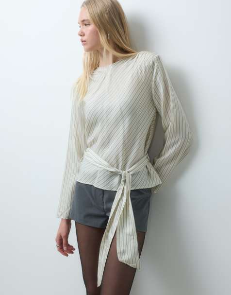Mango tie waist long sleeve top in ecru stripe print - view 1