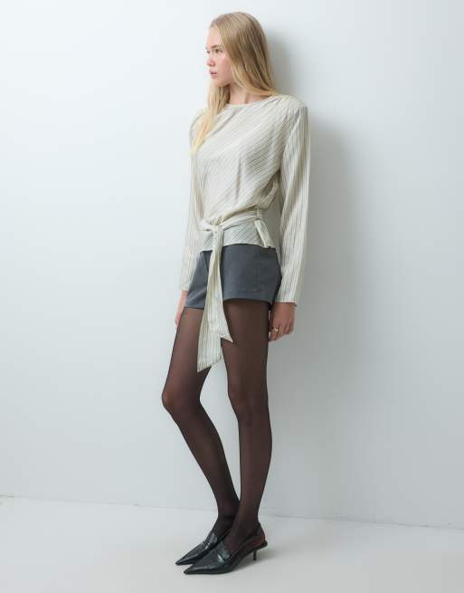 Mango tie waist long sleeve top in ecru stripe print, 2 of 4