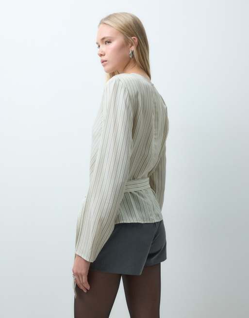 Mango tie waist long sleeve top in ecru stripe print, 4 of 4