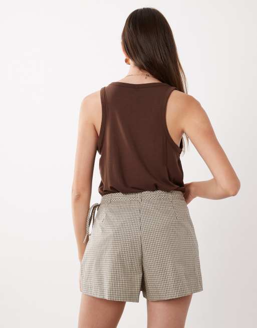 Mango tie waist mini skort in beige with brown check print, 3 of 5