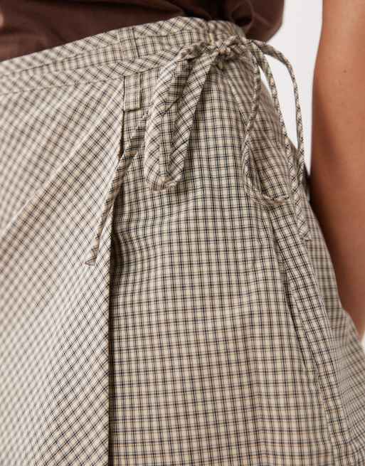 Mango tie waist mini skort in beige with brown check print, 4 of 5