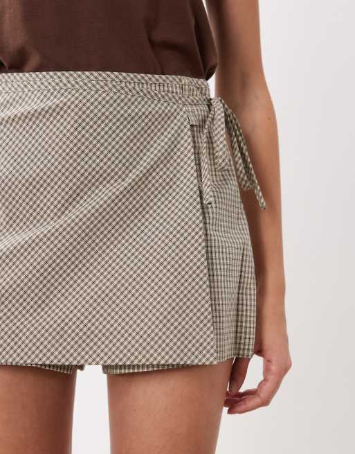 Mango tie waist mini skort in beige with brown check print, 5 of 5