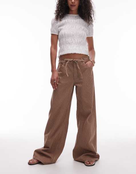 Mango tie waist relaxed baggy striped jean in washed brown - view 1