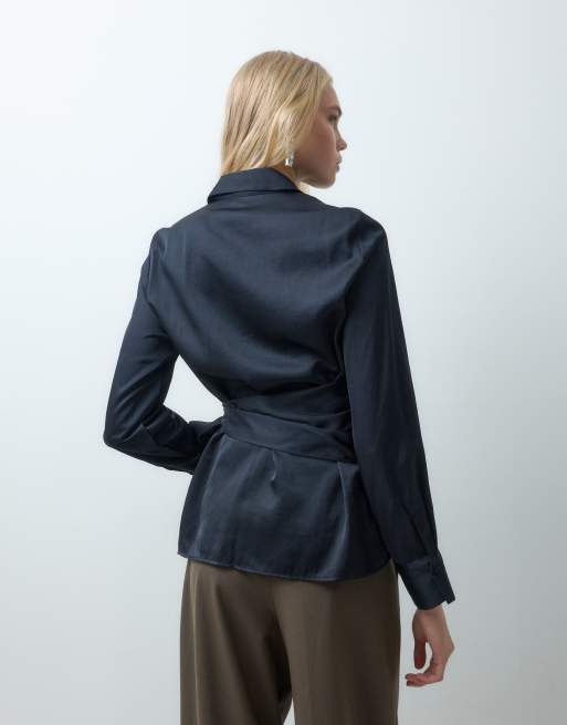 Mango tie waist shirt in black, 4 of 4