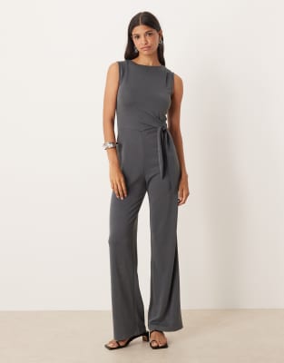 Mango Tie Waist Sleeveless Jumpsuit In Gray