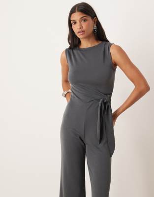 Mango Tie Waist Sleeveless Jumpsuit In Gray