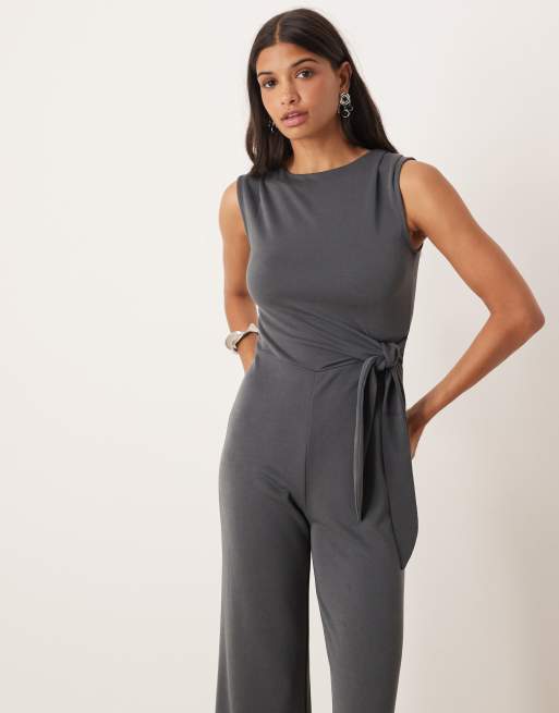 Mango tie waist sleeveless jumpsuit in charcoal, 2 of 4