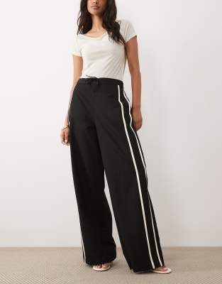 Mango Tie Waist Straight Pants With Side Stripe In Black