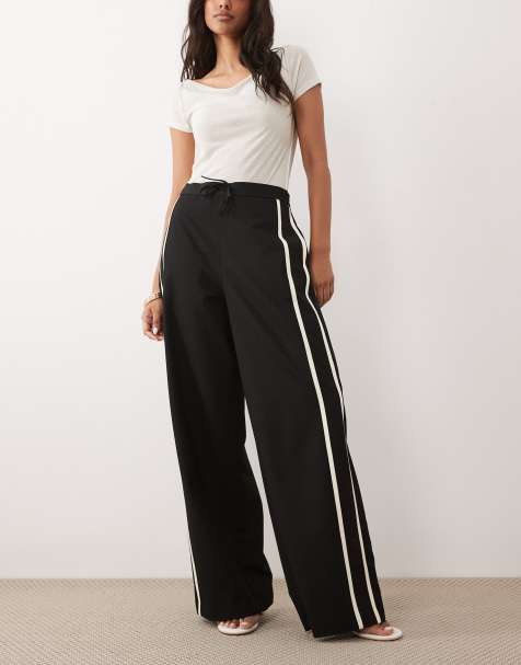 Mango tie waist straight pants with side stripe in black - view 1