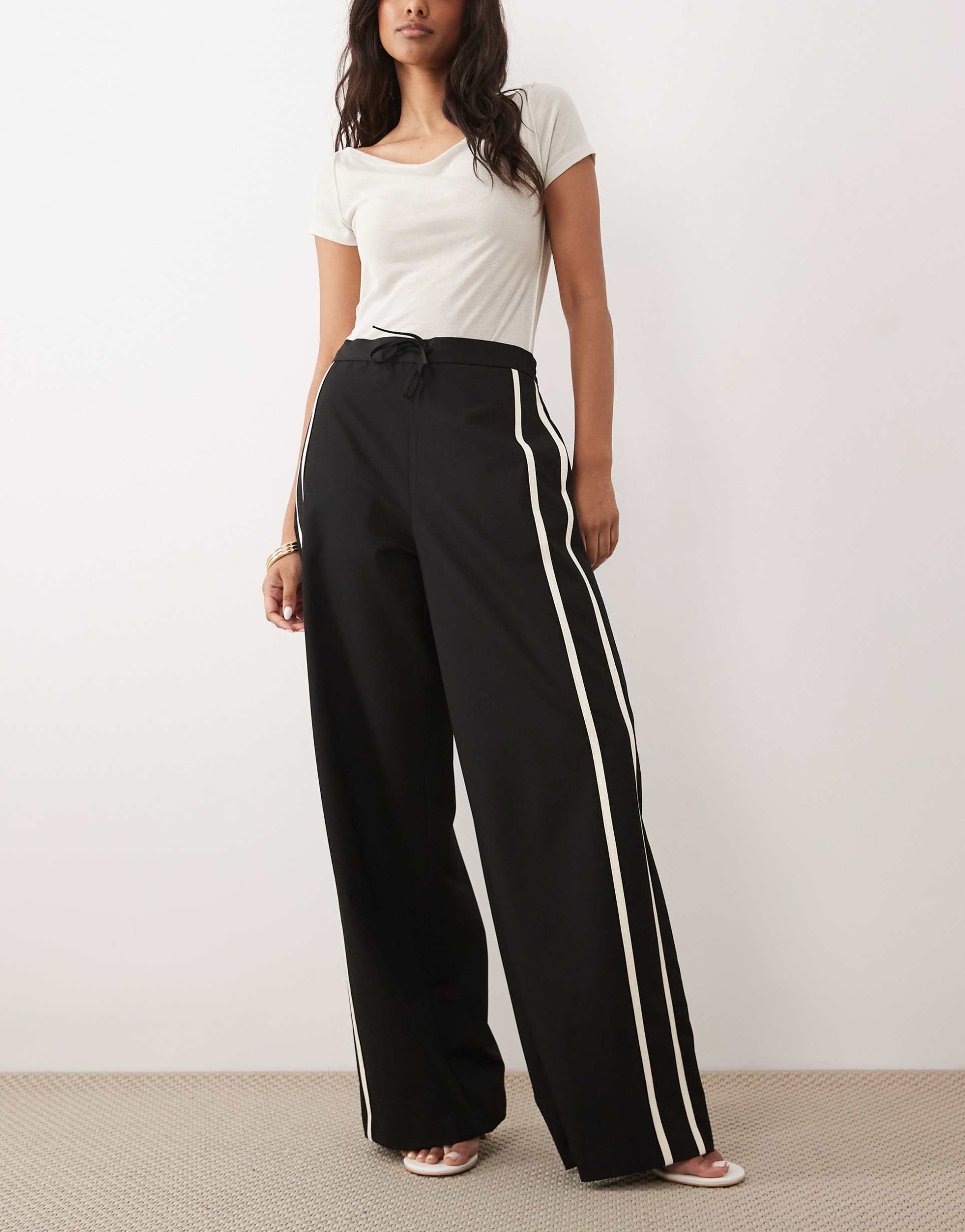 mango tie waist straight pants with side stripe in black