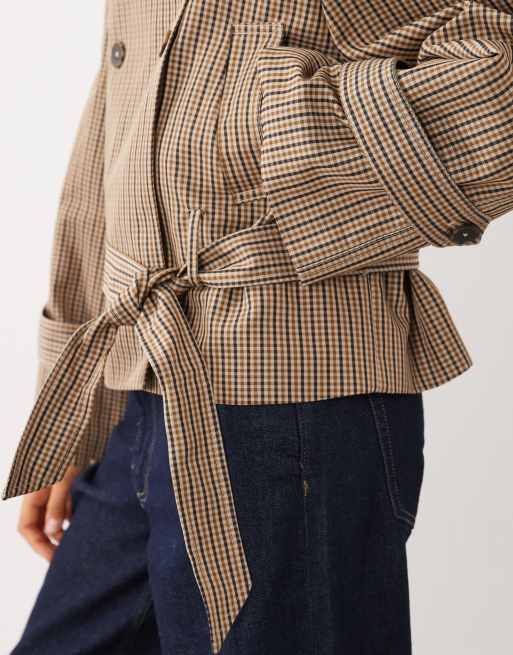 Mango tie waist trench coat in beige plaid print , 2 of 4