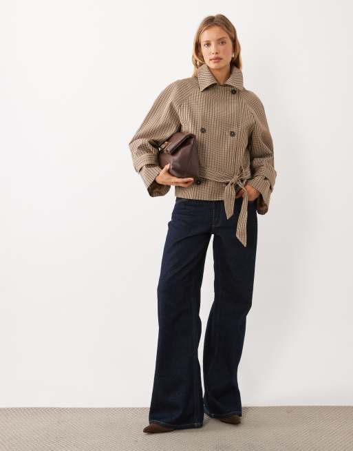 Mango tie waist trench coat in beige plaid print , 3 of 4