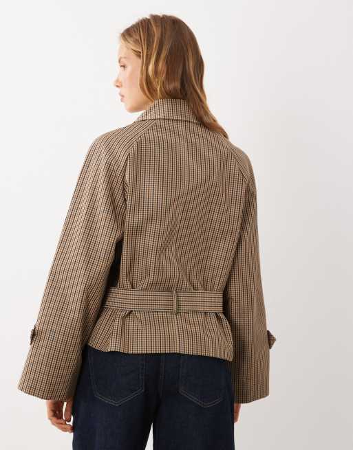 Mango tie waist trench coat in beige plaid print , 4 of 4